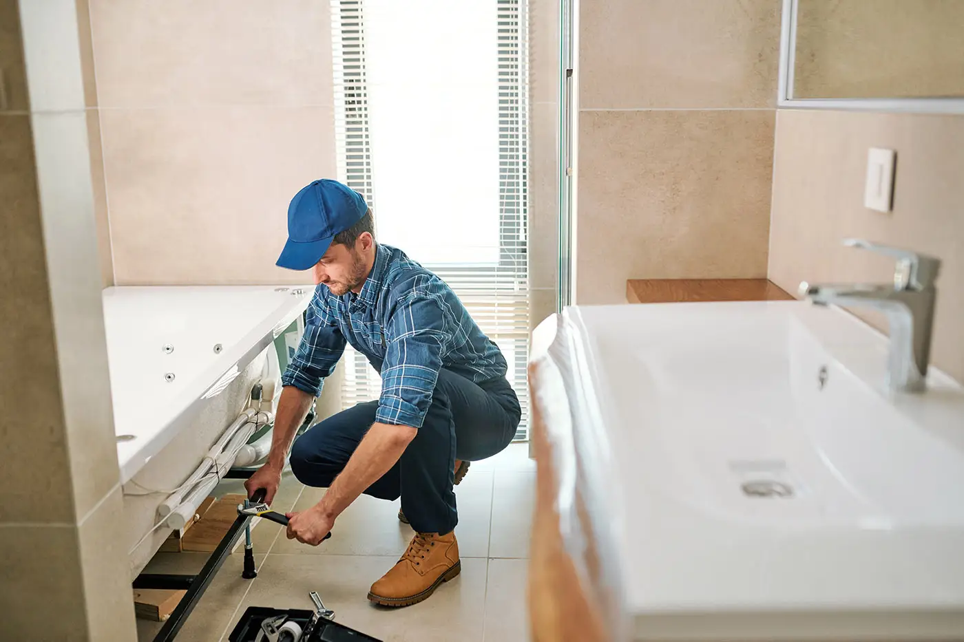 Ein Arbeiter bei der Montage einer Badewanne