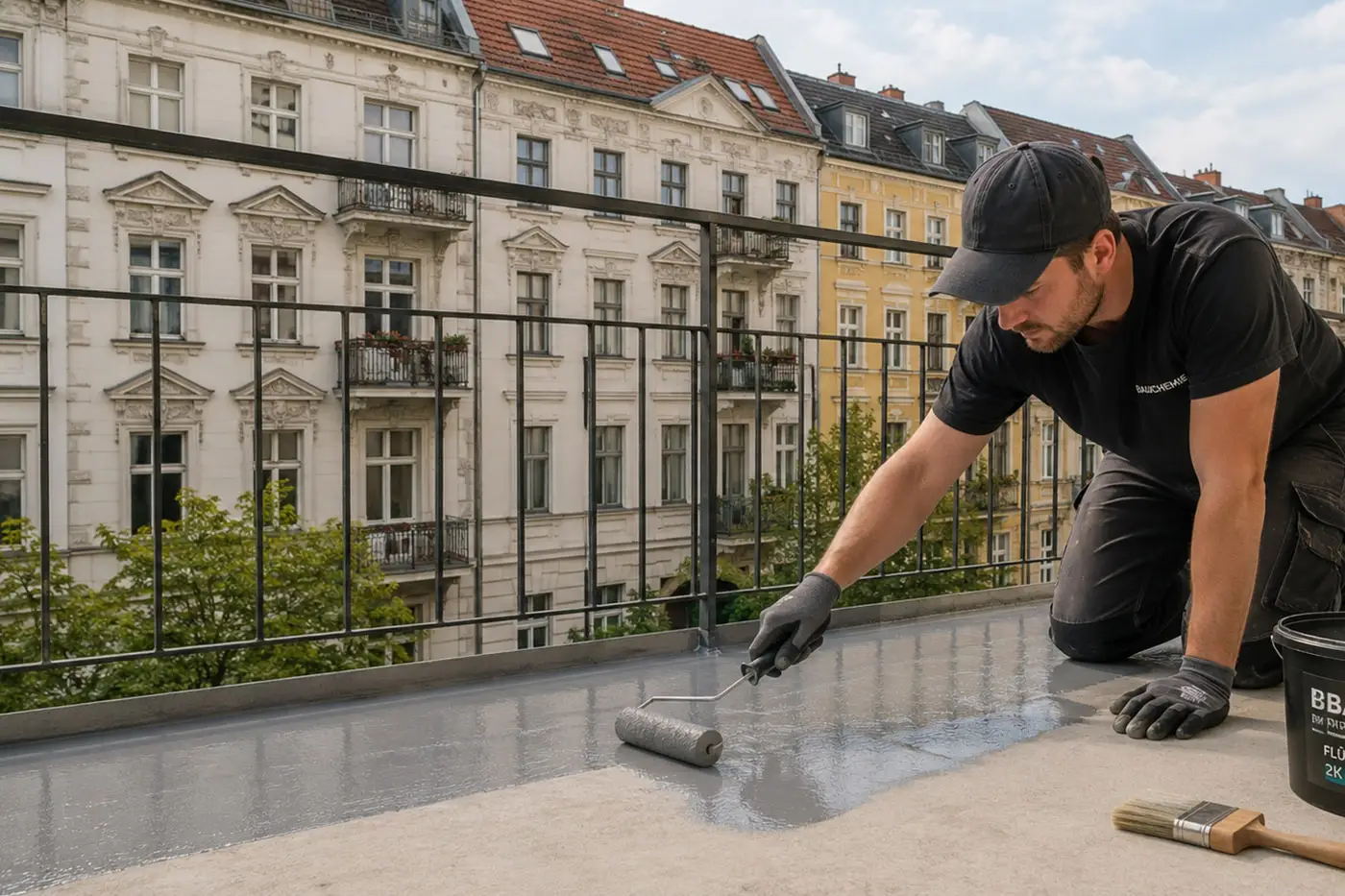 Ein Mitarbeiter bei der Balkonbeschichtung