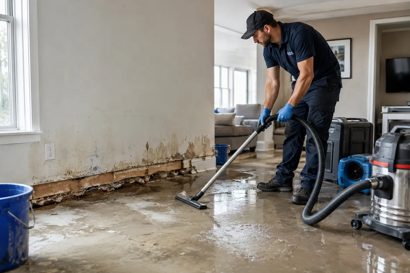 Arbeiter mit Sauger bei der Wasserschadensanierung