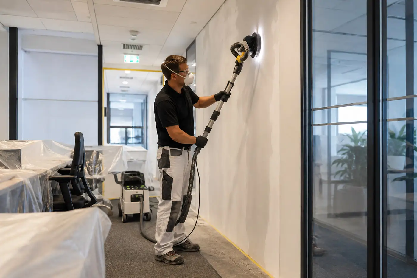 Handwerker bei Schleifarbeiten an einer Wand