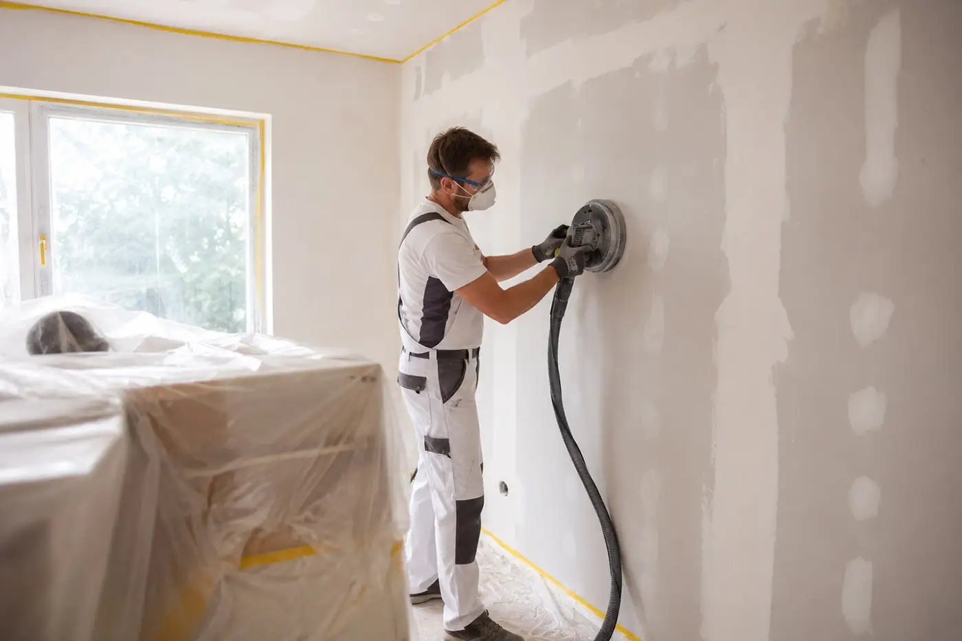 Handwerker bei Schleifarbeiten an einer Wand