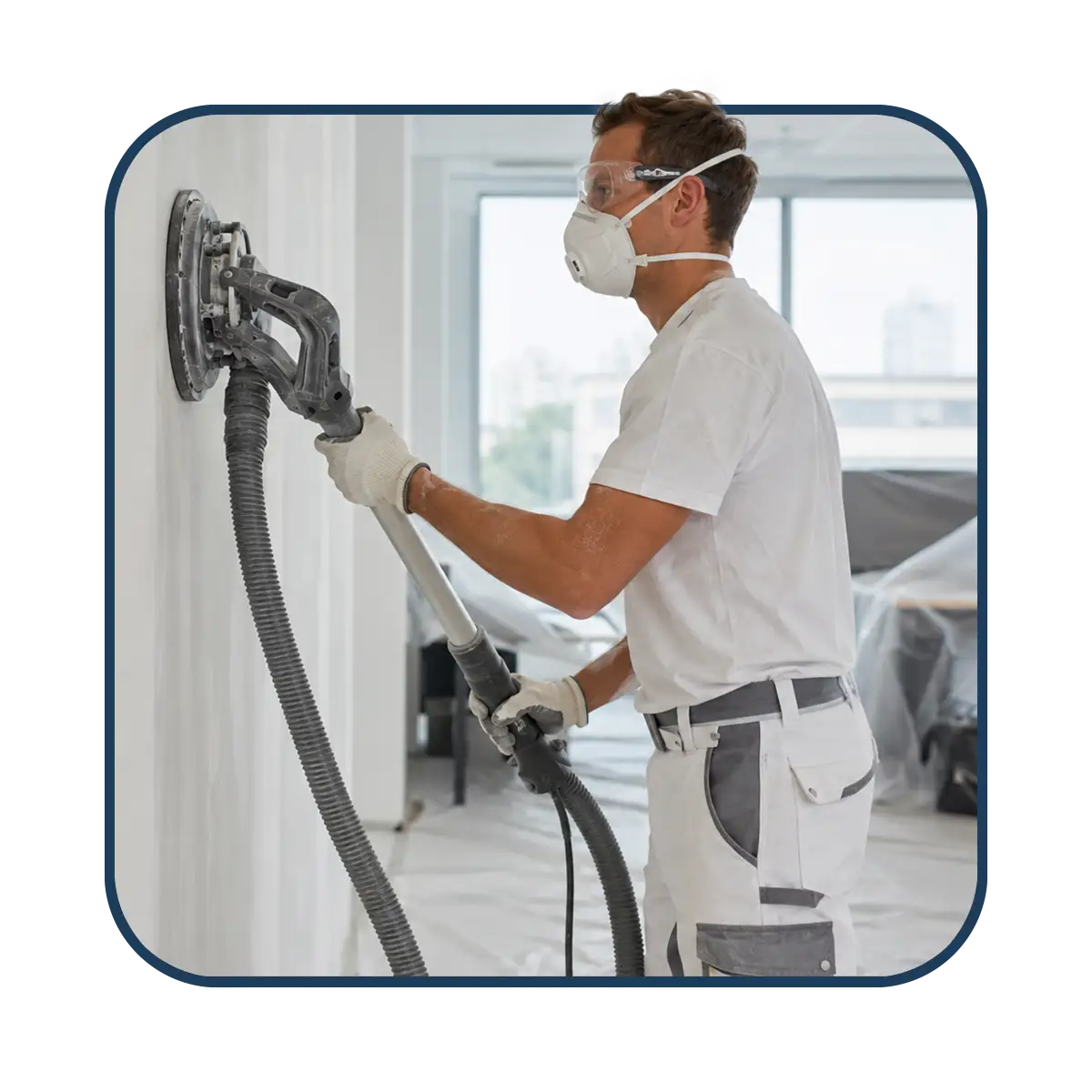Handwerker bei Schleifarbeiten an einer Wand